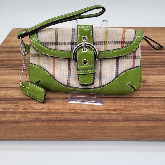 Handbags - Coach Green Plaid Women's Wristlet With Silver Buckle Detail EUC
